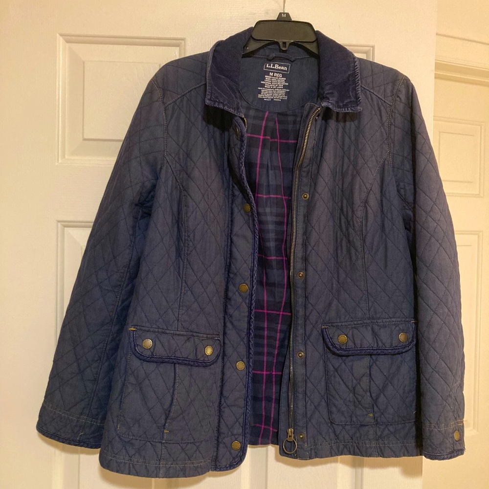 LL Bean Navy Blue Quilted Jacket with Flannel lining size Medium